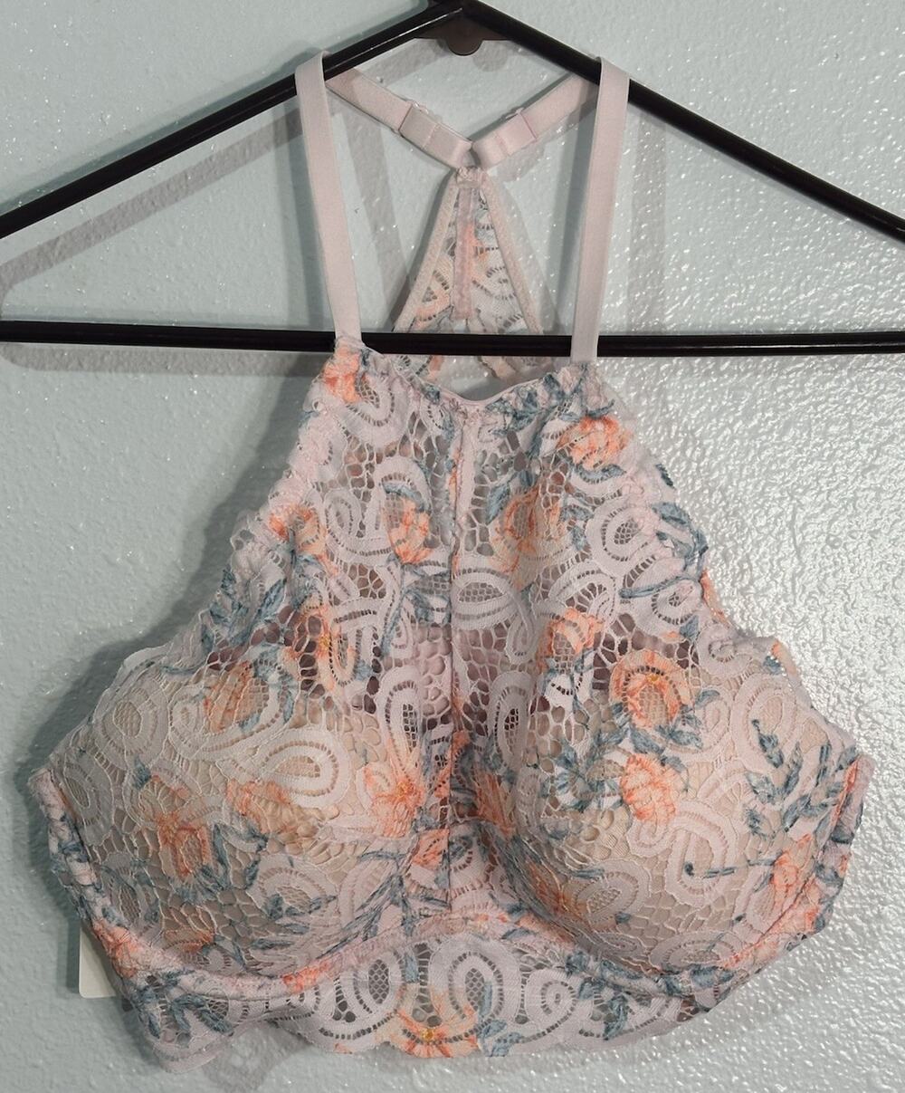 Victoria’s Secret PINK Push Up Bra L Floral Lace High Neck Racerback Bralette